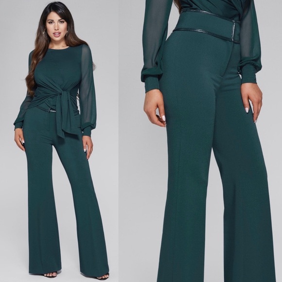 New Guess Marciano Gabrielle High Rise Waist Wide Leg Green Stretch Pants L - Picture 3 of 5